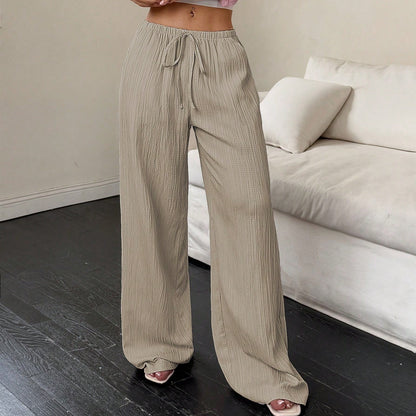 Drawstring wide-leg pants with a textured finish in khaki, front view