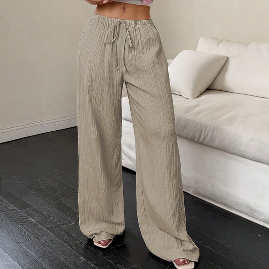 Drawstring wide-leg pants with a textured finish in khaki, front view