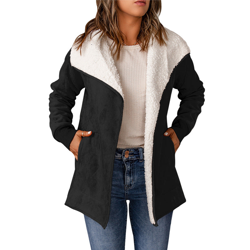 Suede-look open-front coat with sherpa-lined lapel in black, front view