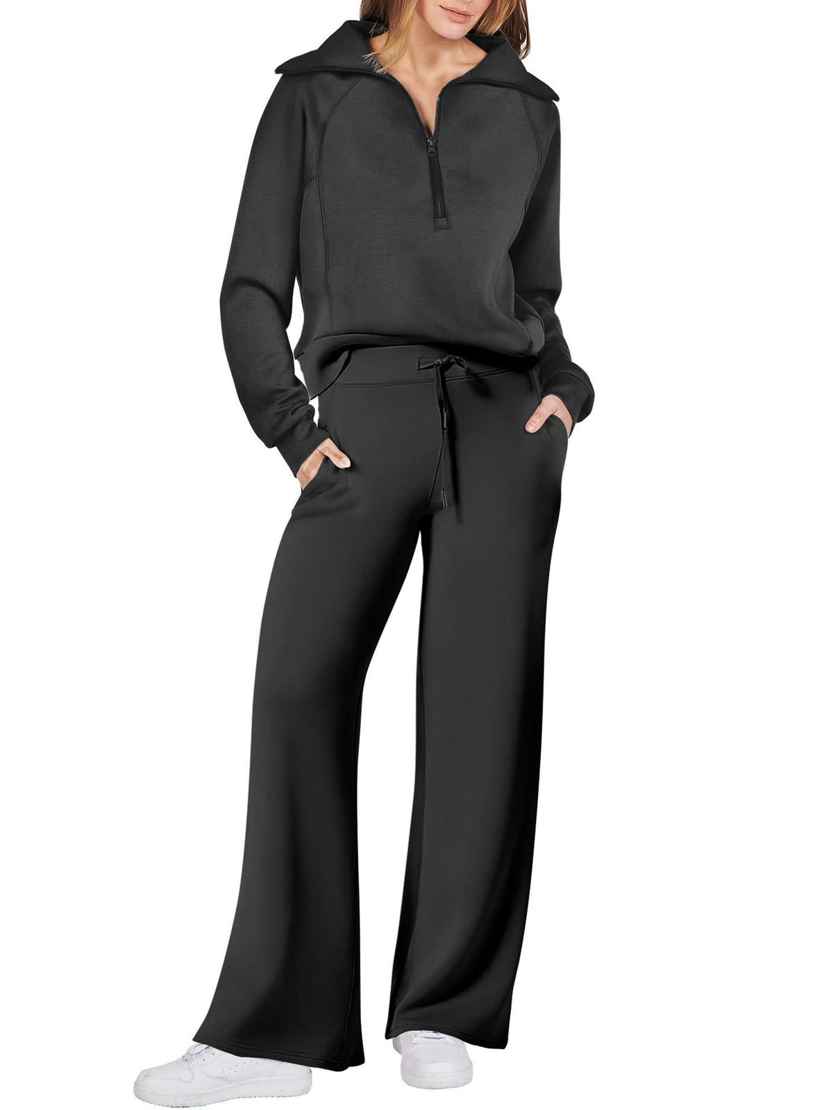 Harlow half-zip pullover and wide-leg pants lounge set in black