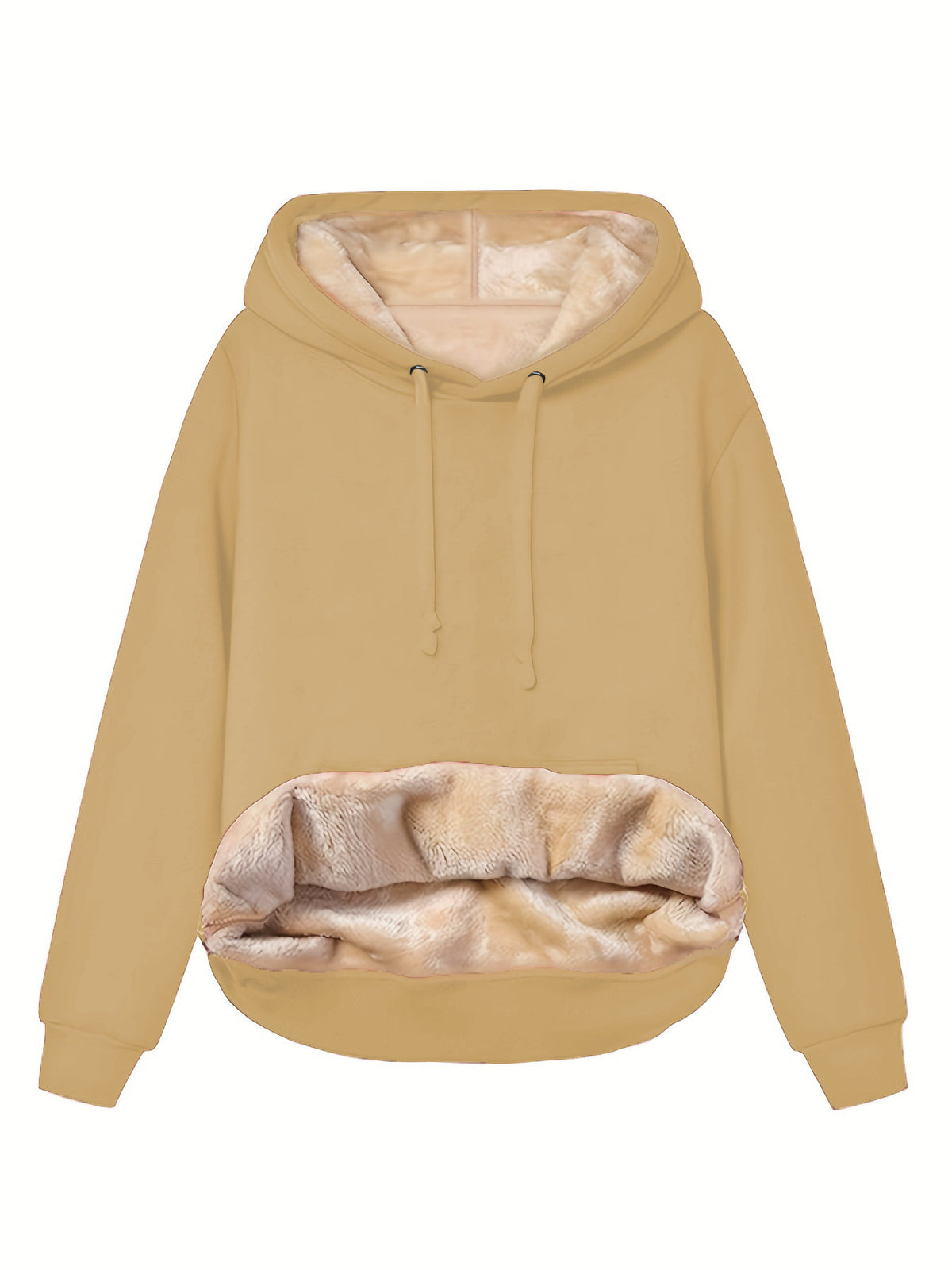 Camel fleece-lined pullover hoodie laid flat, showing the plush lining