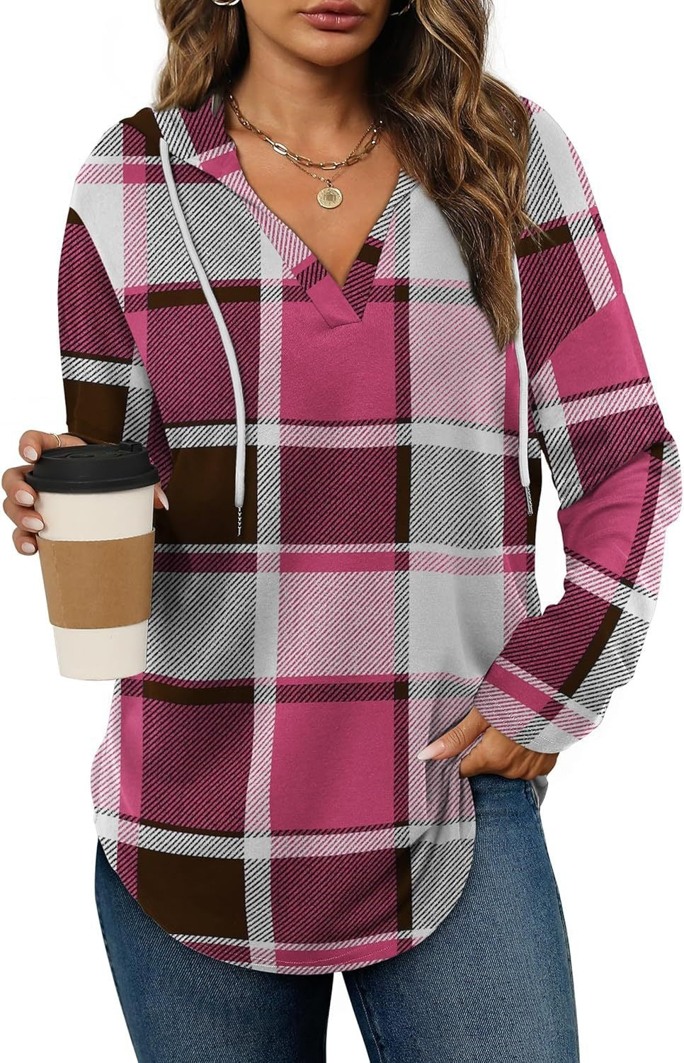 Plaid V-neck hooded long-sleeve top with drawstring in magenta and brown
