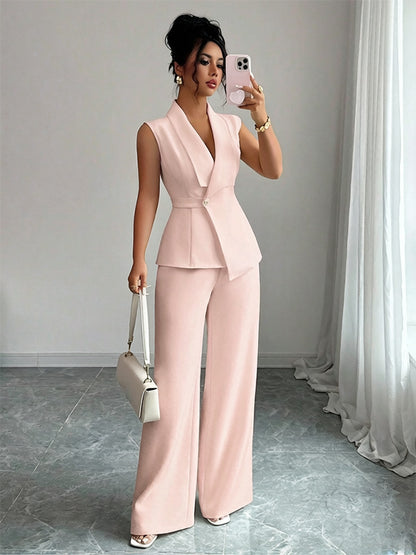Sleeveless blazer top and wide-leg pants set in blush pink, front view