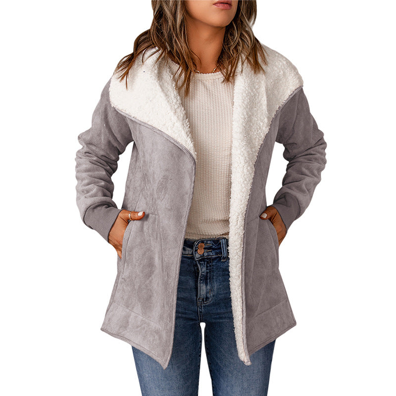 Suede-look open-front coat with sherpa-lined lapel in gray, front view