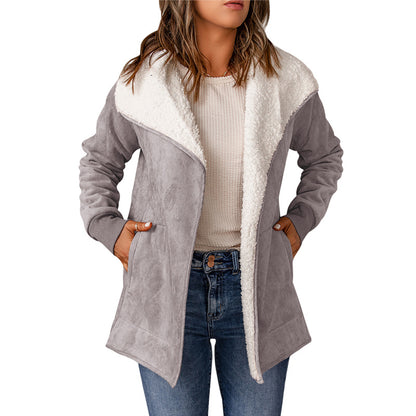 Suede-look open-front coat with sherpa-lined lapel in gray, front view