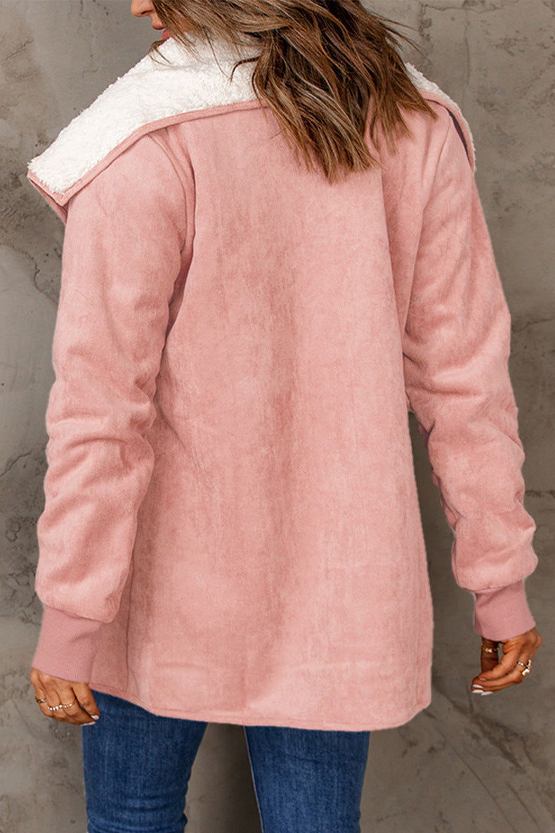 Suede-look open-front coat with sherpa-lined lapel in pink, back view