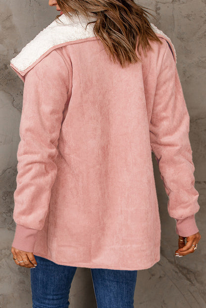 Suede-look open-front coat with sherpa-lined lapel in pink, back view