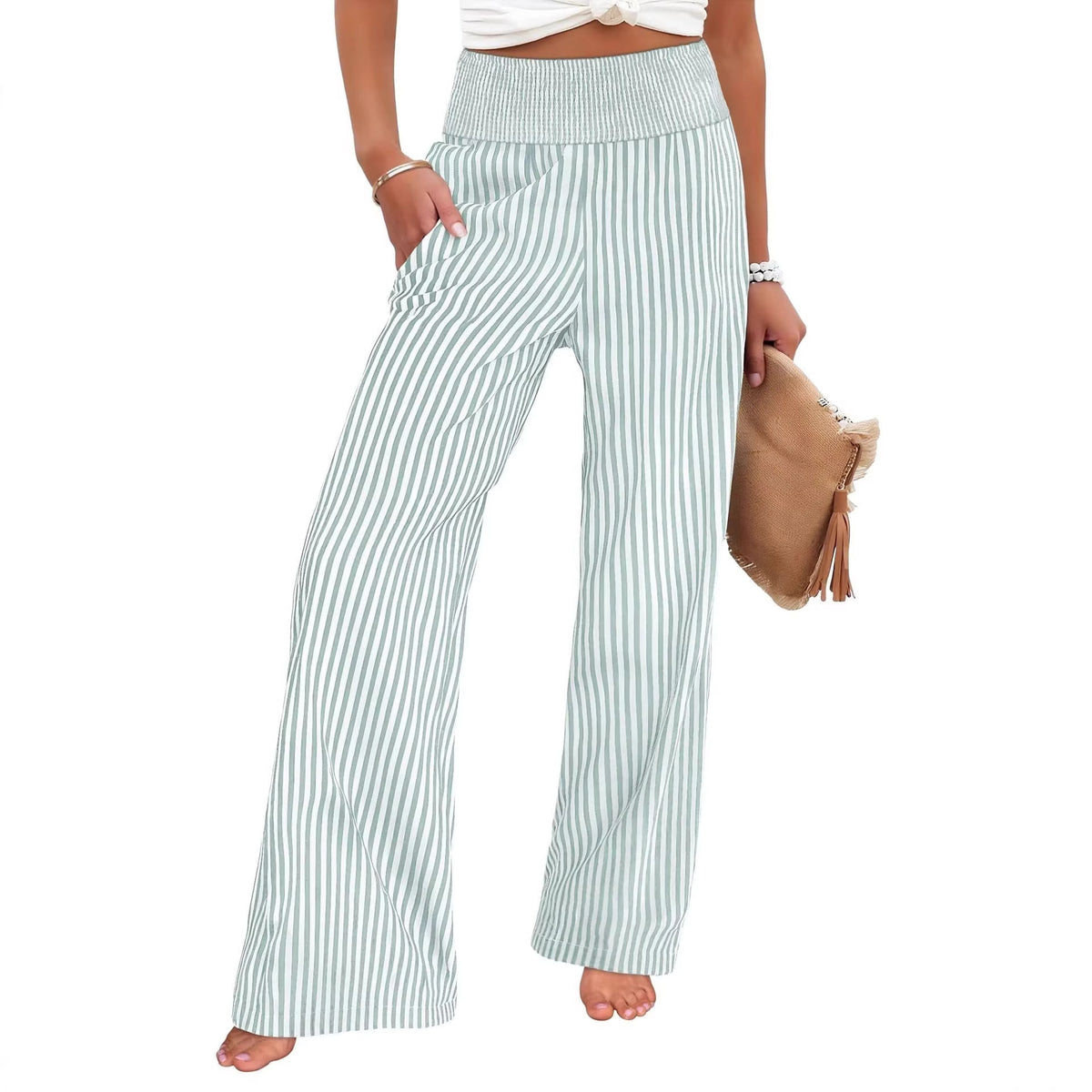 Wide-leg pants in mint and white stripe with a smocked high waist, front view