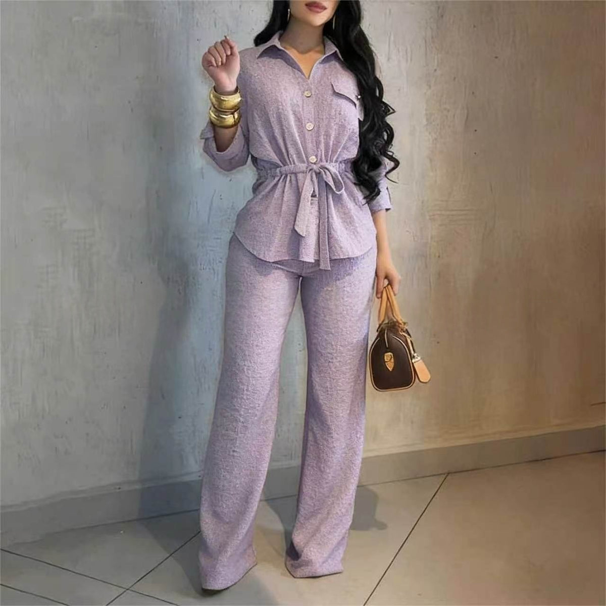 Lapel collar belted shirt and wide-leg pants set in lilac, front view
