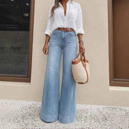 Light blue washed high-waist wide-leg jeans, front view
