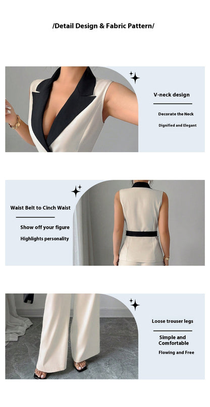 Product detail graphic showing the V-neck, waist belt and loose wide-leg fit