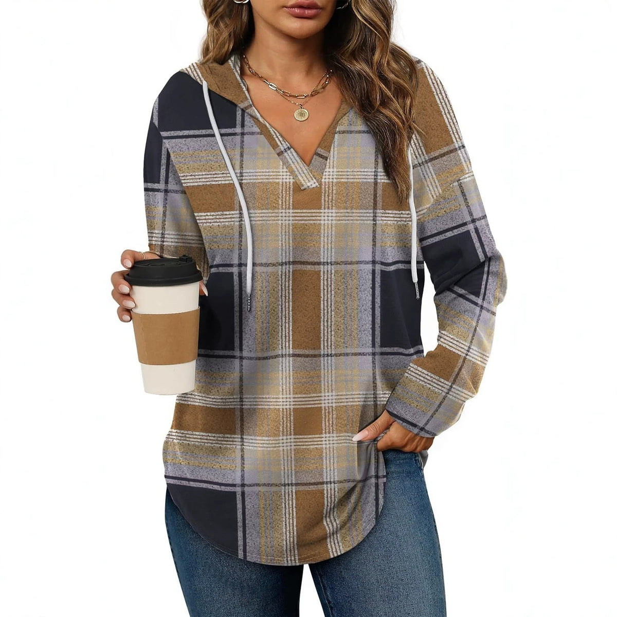Plaid V-neck hooded long-sleeve top with drawstring in tan and navy