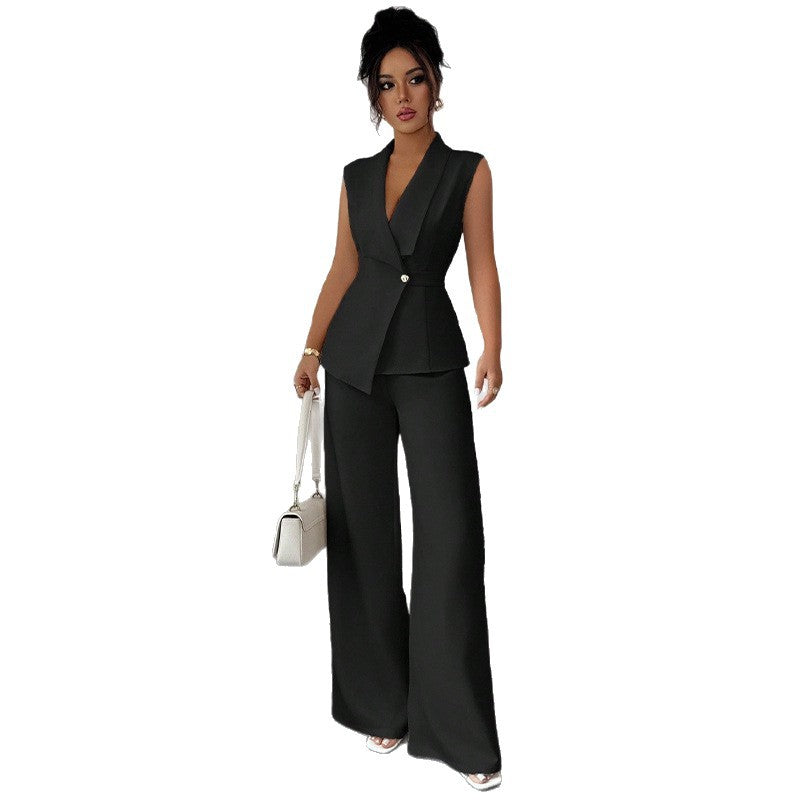 Sleeveless blazer top and wide-leg pants set in black, on a white background