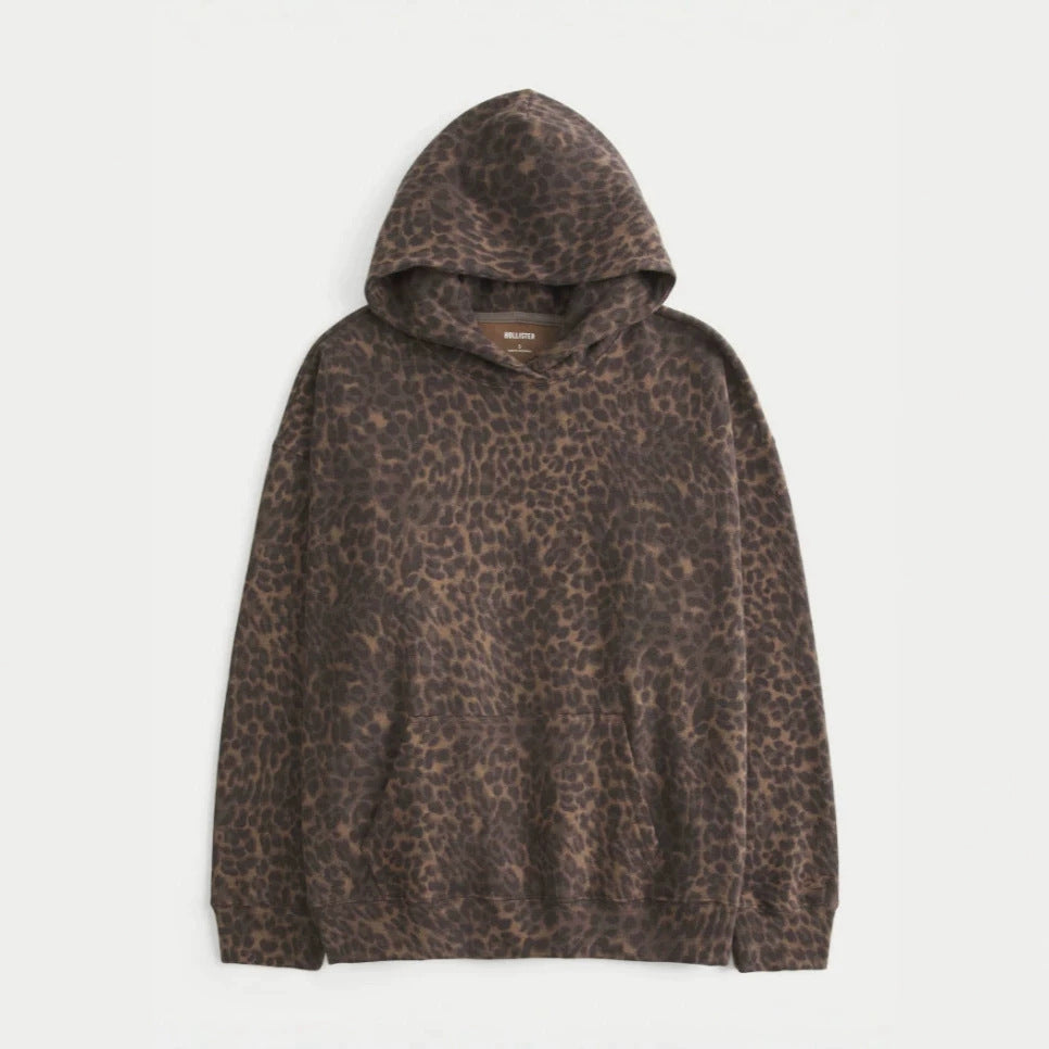 Leopard print pullover hoodie laid flat