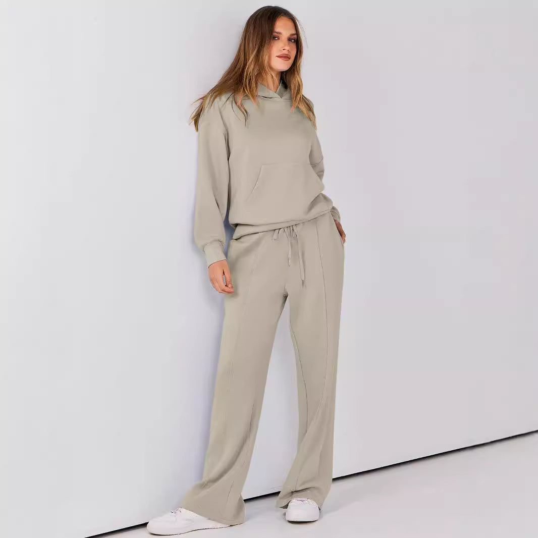 Drawstring hoodie and wide-leg pants lounge set in stone beige, full-length front view