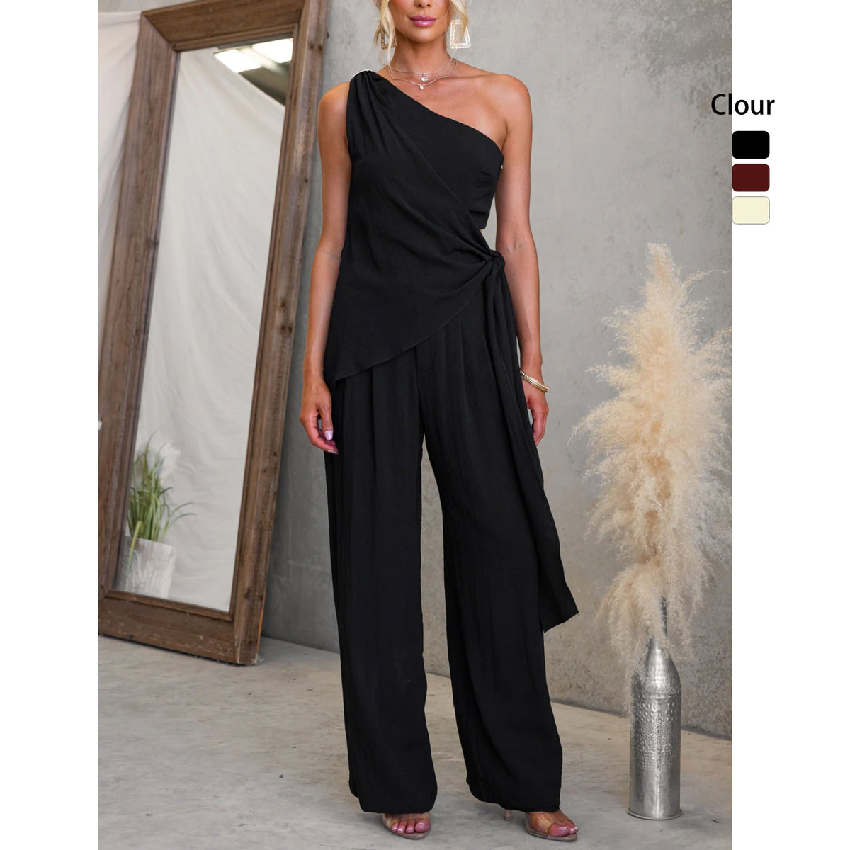 One-shoulder tie-waist top and wide-leg pants set in black, with the color options shown at the side