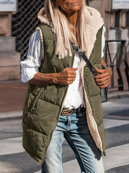 Olive green long quilted hooded vest with sherpa lining