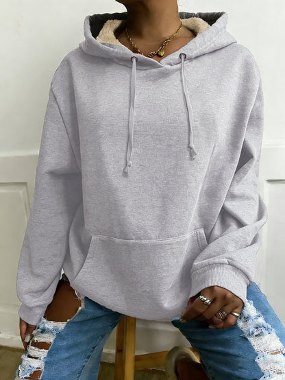 Fleece-lined pullover hoodie with kangaroo pocket in light gray