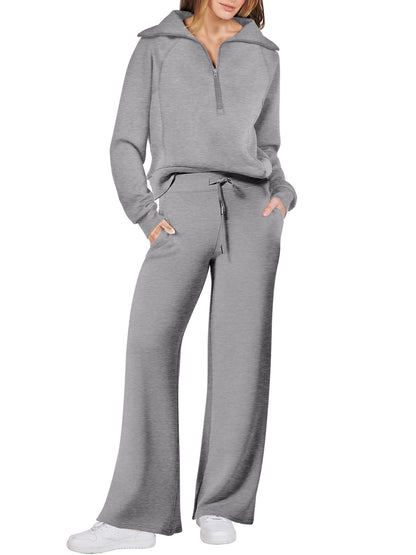 Harlow half-zip pullover and wide-leg pants lounge set in medium gray