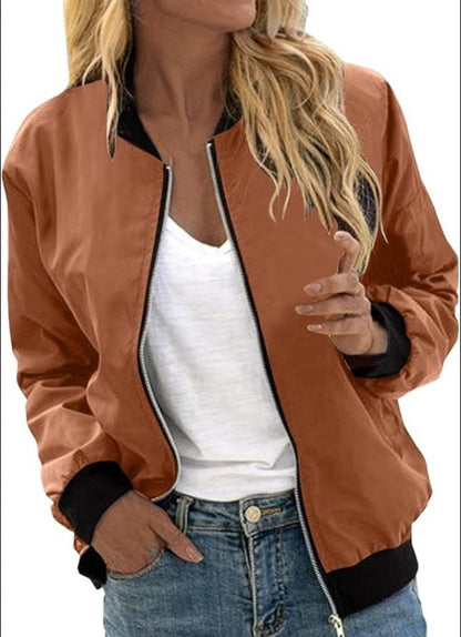 Zip-front bomber jacket with ribbed cuffs and hem in rust