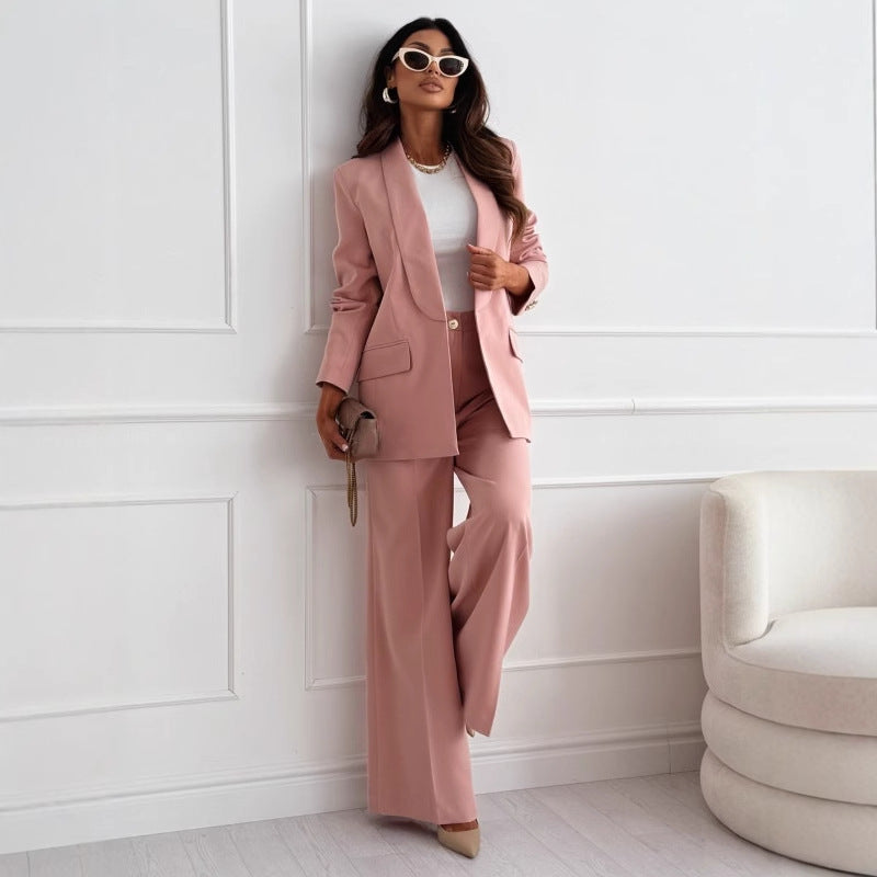 Dusty pink blazer and wide-leg pants set worn with a white top
