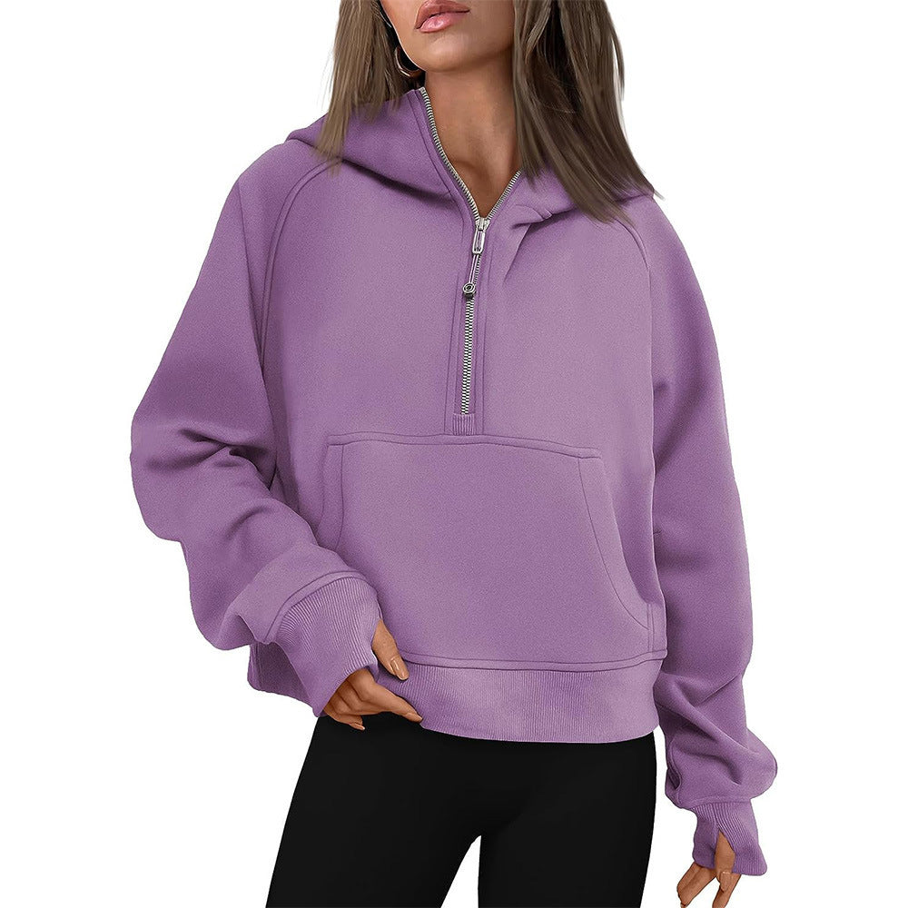 Cropped half-zip hoodie with front pocket and thumbholes in mauve purple