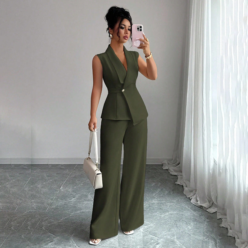 Sleeveless blazer top and wide-leg pants set in olive green, front view