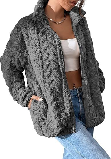 Textured cable-pattern fleece zip-up jacket with stand collar in dark gray