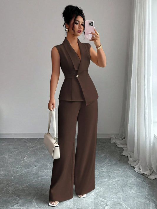 Sleeveless blazer top and wide-leg pants set in chocolate brown, front view