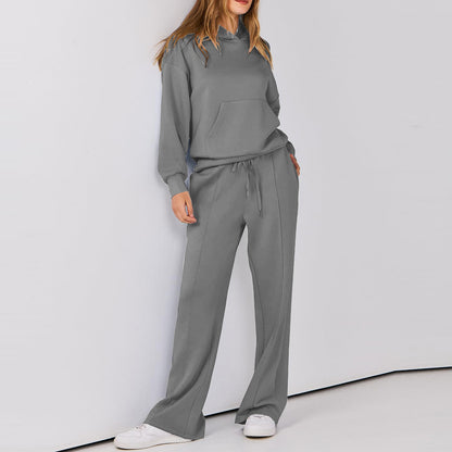 Drawstring hoodie and wide-leg pants lounge set in gray, full-length front view