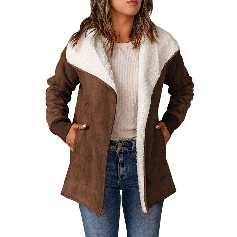 Suede-look open-front coat with sherpa-lined lapel in brown, front view