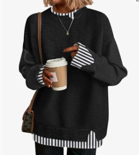 Double-layer crewneck sweater in black with striped layered cuffs and hem, front view