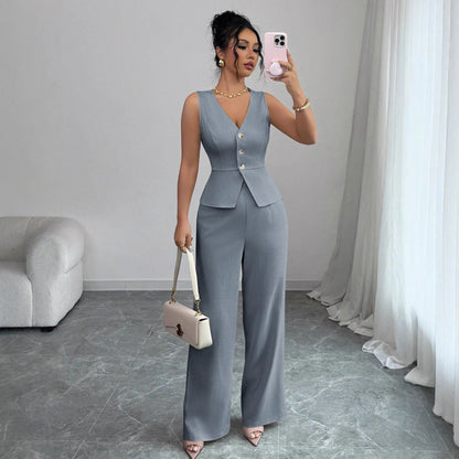 Open sleeveless button-front vest top and wide-leg pants set in slate gray-blue, front view
