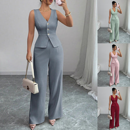 Open sleeveless button-front vest top and wide-leg pants set in slate gray-blue, with color options shown