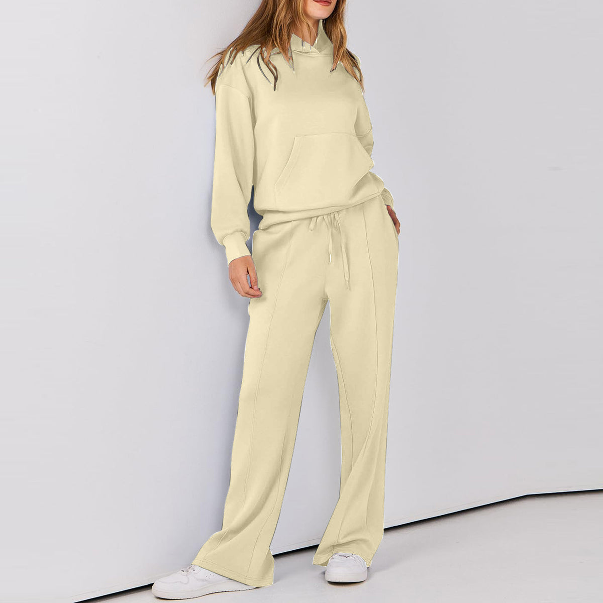 Drawstring hoodie and wide-leg pants lounge set in cream, full-length front view