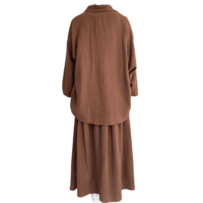 Brown long-sleeve shirt and long skirt set, back view on a white background