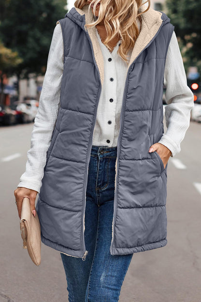 Slate gray long quilted hooded vest with sherpa lining