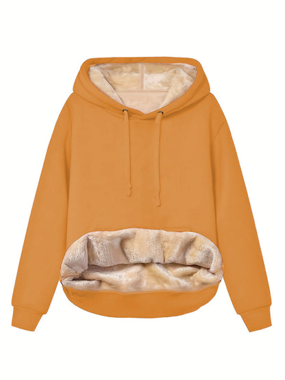 Amber orange fleece-lined pullover hoodie laid flat, showing the plush lining
