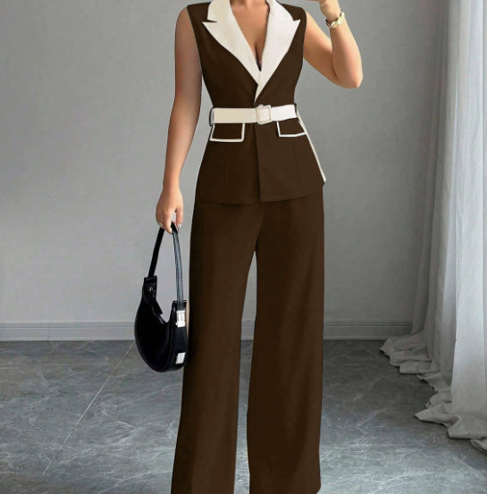Chocolate brown sleeveless belted blazer top with ivory lapel and matching wide-leg pants
