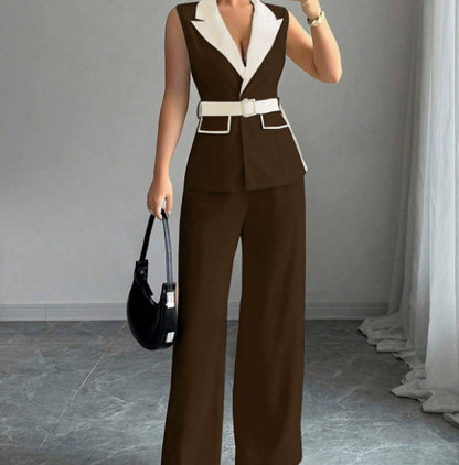 Chocolate brown sleeveless belted blazer top with ivory lapel and matching wide-leg pants