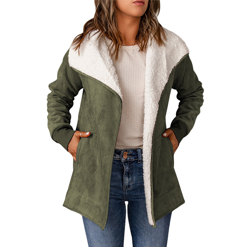 Suede-look open-front coat with sherpa-lined lapel in olive green, front view