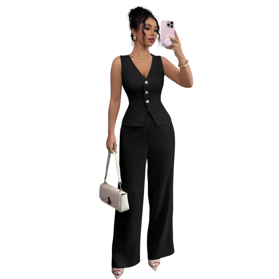 Open sleeveless button-front vest top and wide-leg pants set in black, on a white background