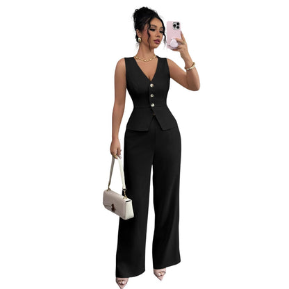 Open sleeveless button-front vest top and wide-leg pants set in black, on a white background