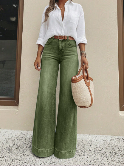 Olive green washed high-waist wide-leg jeans, front view