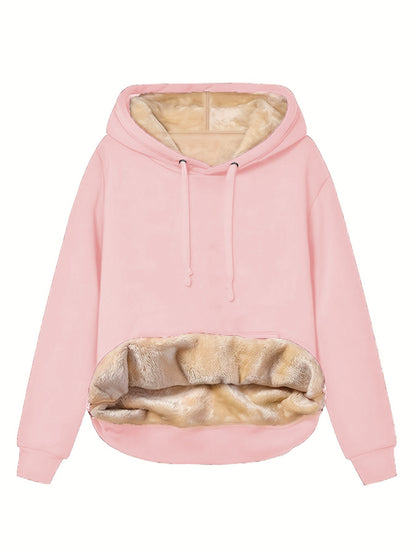 Pink fleece-lined pullover hoodie laid flat, showing the plush lining