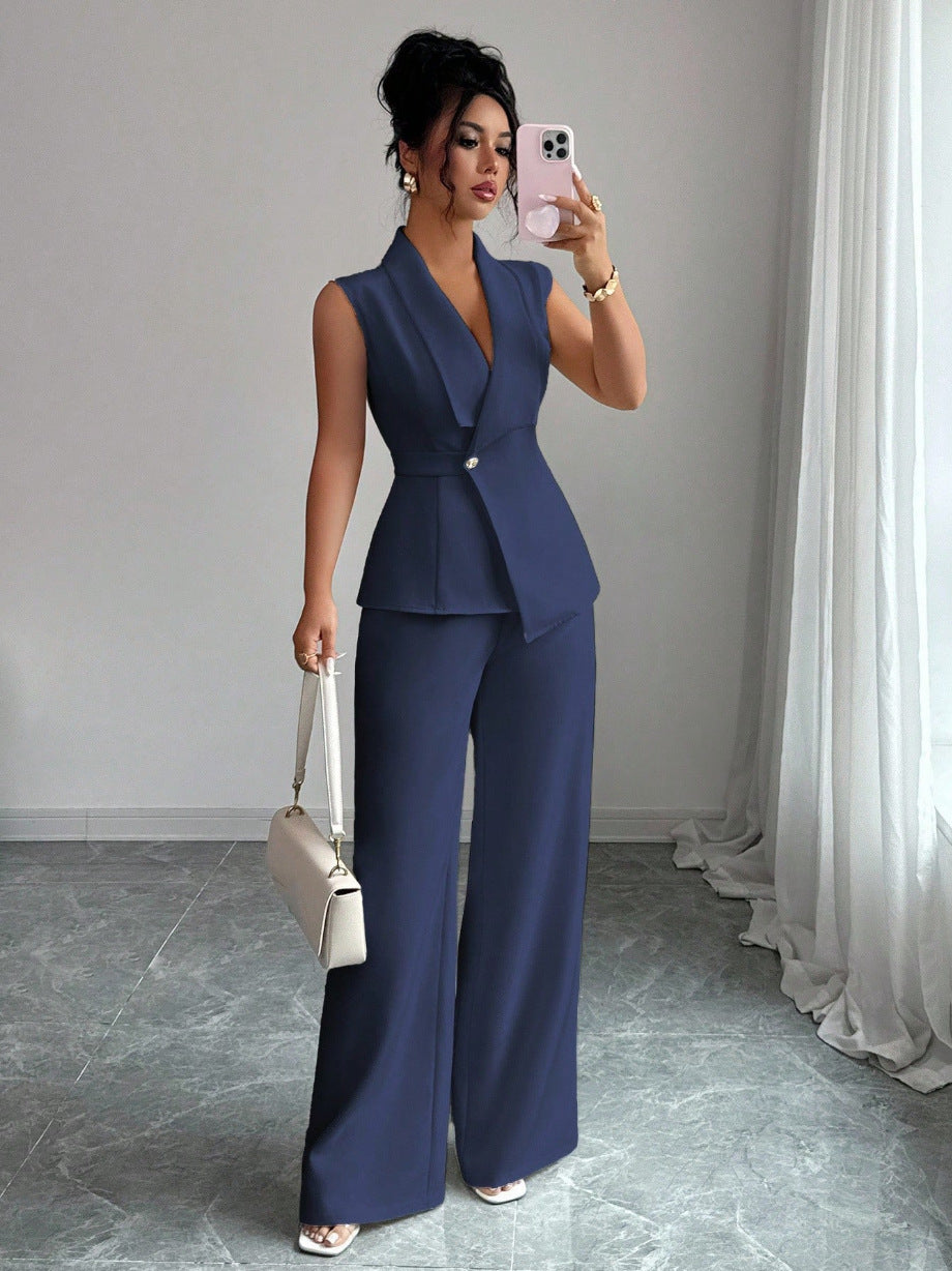 Sleeveless blazer top and wide-leg pants set in navy, front view