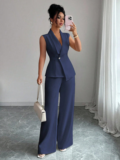Sleeveless blazer top and wide-leg pants set in navy, front view