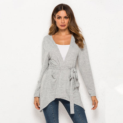 Gray belted cardigan with tie waist and asymmetric hem, front view