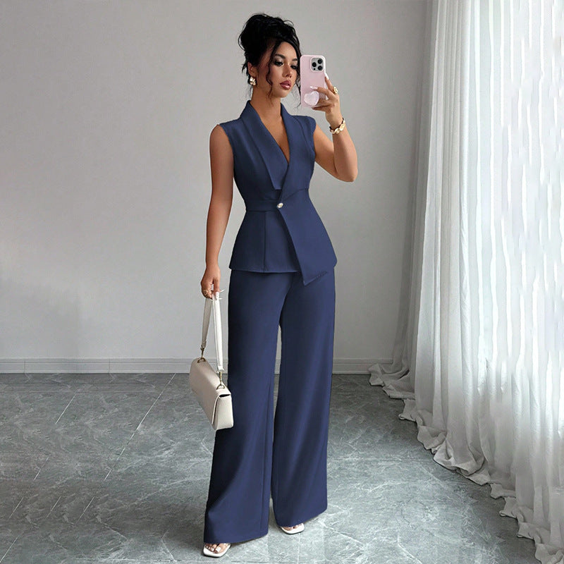 Sleeveless blazer top and wide-leg pants set in navy, front view