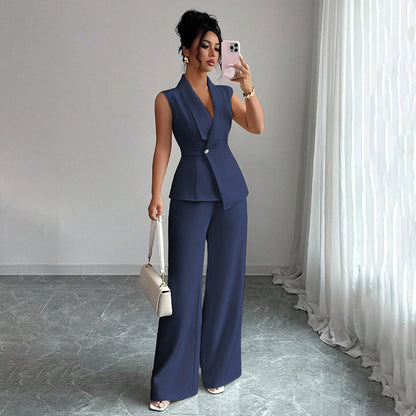 Sleeveless blazer top and wide-leg pants set in navy, front view